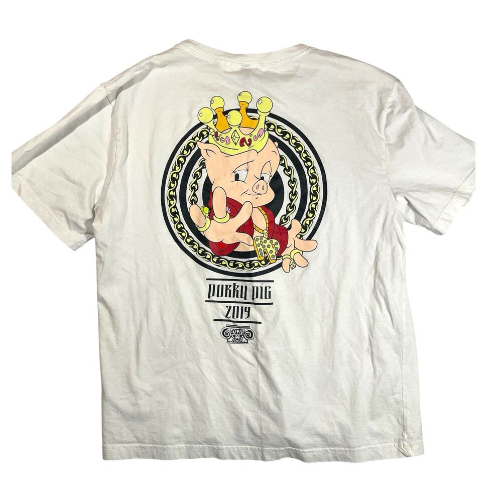 H&M Porky Pig Shirt Mens XL White Bling Streetwear Graphic Looney Tunes Crew Tee